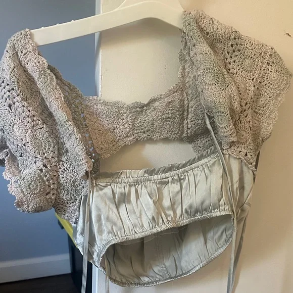 Free People Satin and Crochet Mix Top in Sage Gray - Picture 4 of 4